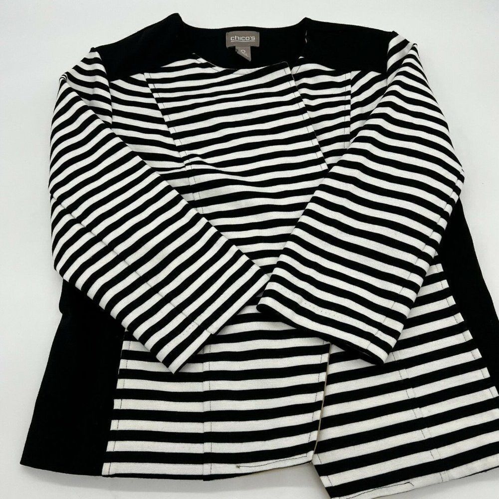 Chico’s Women's Black White & Tan Striped Open Front Jacket size 0 XL
